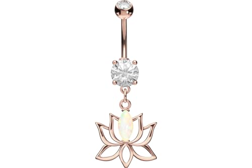 PIERCINGLINE Surgical steel belly button piercing dangle LOTUS BLOSSOM WITH SYNTHETIC OPAL 14 G belly button ring surgical steel belly piercing new version with improved durability - color: Rosegold-colored