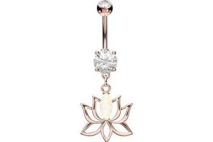 PIERCINGLINE Surgical steel belly button piercing dangle LOTUS BLOSSOM WITH SYNTHETIC OPAL 14 G belly button ring surgical steel belly piercing new version with improved durability - color: Rosegold-colored