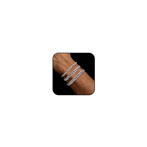 3PCS Stainless Steel Chain Bracelets for Men Women Gold Cuban Figaro Link Chain Bracelet Men's Curb Chain Bracelets Twisted Wrist Bracelets 7/7.5/8.3/9 Inches - color: Silver