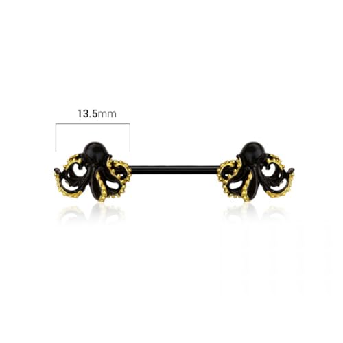 Pierced Owl 14GA Black 316L Stainless Steel Kraken Octopus Nipple Barbells, Sold as a Pair