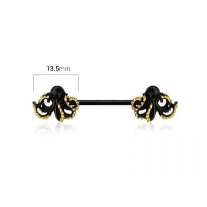 Pierced Owl 14GA Black 316L Stainless Steel Kraken Octopus Nipple Barbells, Sold as a Pair