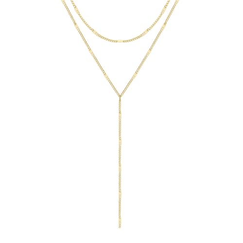 Zeffy Lariat Gold Necklace for Women, Dainty Long Necklace 14k Gold/Silver Plated Layered CZ Beaded Bar Chain Y-Shaped Body Chain Stack Drop Wedding Necklace Trendy Simple Gold Jewelry Gifts - color: Gold Bar Y Necklace(1PCS）