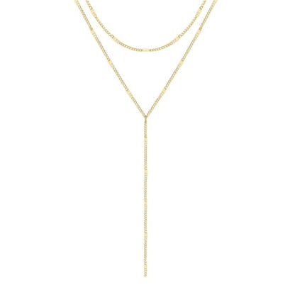 Zeffy Lariat Gold Necklace for Women, Dainty Long Necklace 14k Gold/Silver Plated Layered CZ Beaded Bar Chain Y-Shaped Body Chain Stack Drop Wedding Necklace Trendy Simple Gold Jewelry Gifts - color: Gold Bar Y Necklace(1PCS）