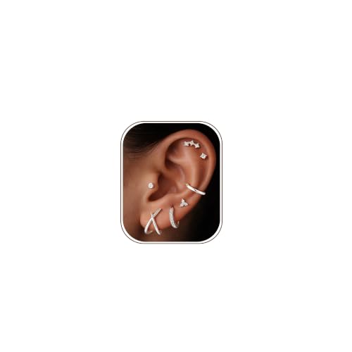 14K Gold Plated Hypoallergenic Stud Hoop Earrings Sets for Women | 7 Pairs Gold Earrings for Women Trendy, Cartilage Earring Lightweight Helix Lobe Tragus Conch Earrings for Women - color: Silver Plated
