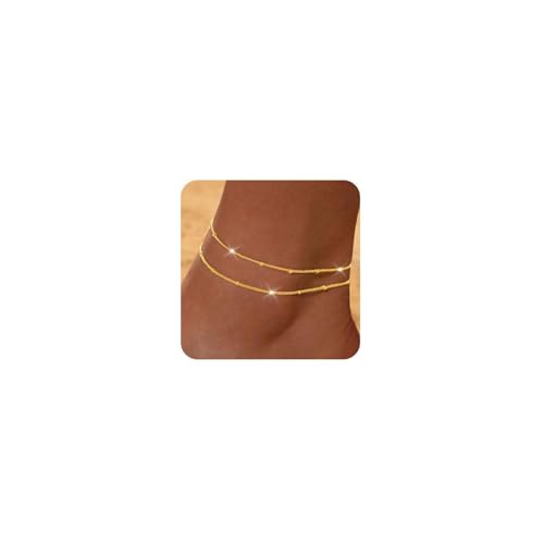 Gold Silver Ankle Bracelets for Women Waterproof 14K Gold Plated Anklets for Women Non Tarnish Dainty Layered Beaded Heart Anklet Set Summer Beach Foot Chain Jewelry Gifts Trendy Stuff - color: A- Beaded Anklets- Gold