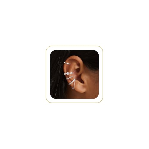 14K Gold Plated Ear Cuff Earrings for Women, Dainty Ear Cuffs Non Piercing Clip on Earrings Trendy Non pierced Cubic Zirconia Fake Hoop Earring Jewelry Sets for Women - color: Silver-6