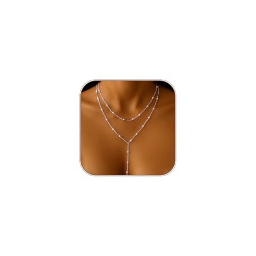 HAXIYA Gold Pearl Y-Shaped Necklace for Women Layered Lariat Long Pendant | 14K Gold Plated/Sterling Silver Dainty Drop Chain Layered Pearl/Beaded Necklaces Simple Gold Jewelry for Women - color: Pearl - Silver