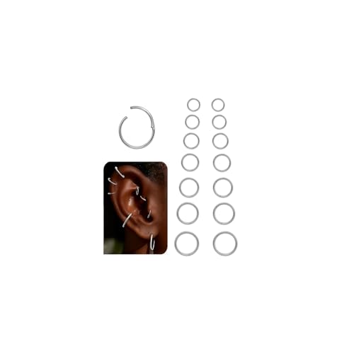 14Pcs 6/7/8/9/10/11/12MM Surgical Steel Hinged Nose Rings Hoop Set, Hypoallergenic Small Hoops Set for Cartilage Helix Lip Tragus Septum Nipple Multiple Hole.QEIFC Silver Piercing Body Jewelry Kit - size: 14Pcs-16G-Silver
