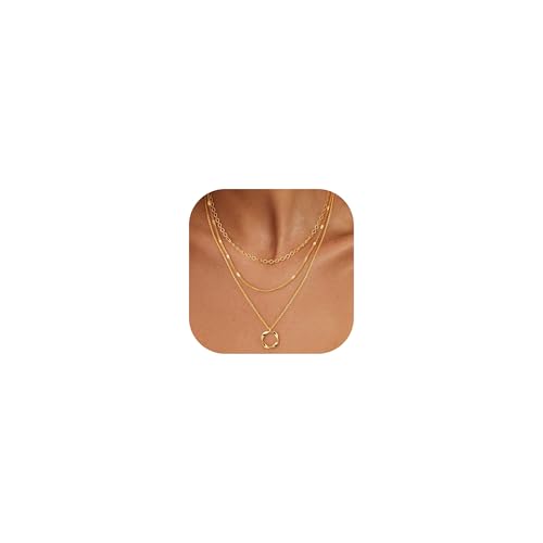 Gold Layered Necklaces for Women Stack Boho Stacking Layering 14K Gold Plated Chain Necklaces Set Cuban Link Herringbone Twist Chain Square Coin Pendant Necklace Jewelry Gifts Trendy Stuff - color: B Gold Layered Circle Neckalce