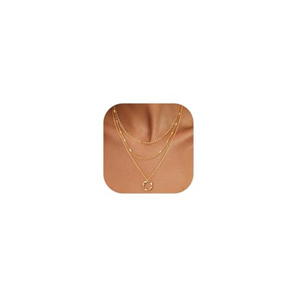 Gold Layered Necklaces for Women Stack Boho Stacking Layering 14K Gold Plated Chain Necklaces Set Cuban Link Herringbone Twist Chain Square Coin Pendant Necklace Jewelry Gifts Trendy Stuff - color: B Gold Layered Circle Neckalce