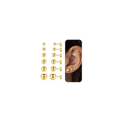 6 Pairs Hypoallergenic Flat Back Earrings for Women Girls,Stud Earring Set | Cartilage Earrings for Sensitive Ears,Cubic Zirconia Ball Pearl Earring,Screw Back Helix Conch Piercing Sets,Jewelry Gifts - color: Ball-14K-Gold-Plated
