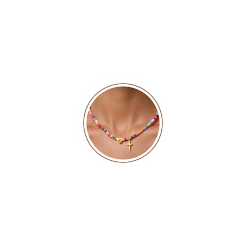 Colorful Initial Necklaces for Women Beaded Choker Necklace for Girl Cross Pendant Necklace Gold Sliver Letter A-Z Fashion Jewelry Accessories Gifts for Teenage Girls