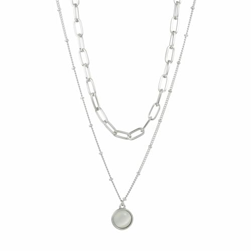 Spiritrain Boho Opal Double Chains Choker Necklace for Women Gold Silver Plated Bohemian Layered Round Moonstone Paperclip Link Chain Pendant Necklace for Birthday Holiday Party Fashion Jewelry Gifts