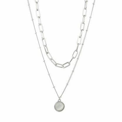 Spiritrain Boho Opal Double Chains Choker Necklace for Women Gold Silver Plated Bohemian Layered Round Moonstone Paperclip Link Chain Pendant Necklace for Birthday Holiday Party Fashion Jewelry Gifts