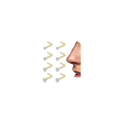 PLOMFOV 8PCS Titanium Nose Rings Studs 20G/18G Corkscrew Nose Ring L Shaped Nose Studs 6A Diamond CZ Silver&Gold Hypoallergenic Nose Piercing Jewelry for Women Men 1.5mm 2mm 2.5mm 3mm - color: 14K Gold, size: 18G-L Shaped