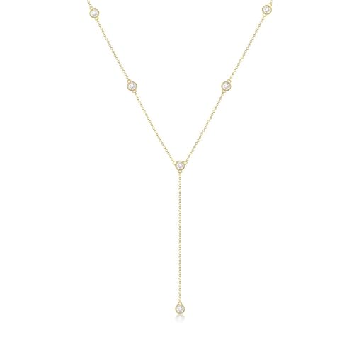 Zeffy Lariat Gold Necklace for Women, Dainty Long Necklace 14k Gold/Silver Plated Layered CZ Beaded Bar Chain Y-Shaped Body Chain Stack Drop Wedding Necklace Trendy Simple Gold Jewelry Gifts - color: Gold Six CZ Y Necklace(1PCS)