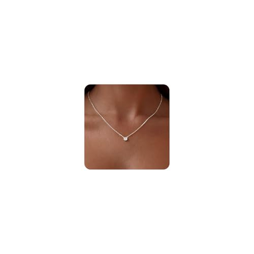 Tewiky Dainty 14k Gold Plated/Silver Cubic Zirconia Necklaces for Women, Simple CZ Jewelry Necklaces Trendy Gifts - color: Silver Bezel CZ