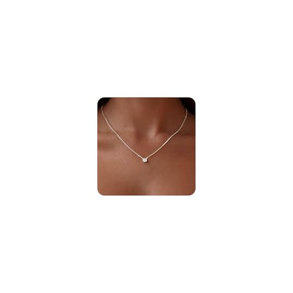 Tewiky Dainty 14k Gold Plated/Silver Cubic Zirconia Necklaces for Women, Simple CZ Jewelry Necklaces Trendy Gifts - color: Silver Bezel CZ