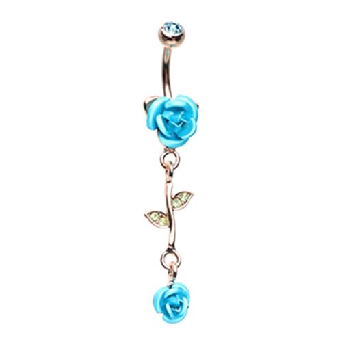 Pierced Owl - CZ Crystal Leaves and Vine Rose Flower Dangle Belly Button Navel Ring - style: Aqua
