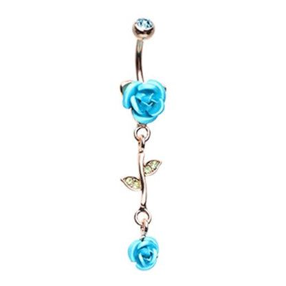 Pierced Owl - CZ Crystal Leaves and Vine Rose Flower Dangle Belly Button Navel Ring - style: Aqua