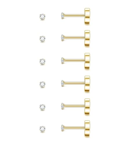 20G Hypoallergenic Surgical Steel Square Pearl Ball CZ Flat Back Stud Earrings for Sensitive Ear, Lightweight Shiny Earrings Studs for Helix Tragus Cartilage Multiple Piercing - color: Gold-G