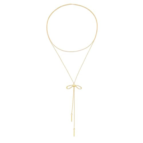 YUJIE Long Gold Y Necklace for Women - Adjustable Lariat Pendant Snake Chain, 14K Gold Plated Dainty Teardrop Necklace for Trendy & Formal Wear - color: bow