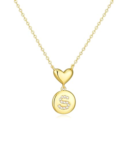 Howoo 14K Gold Plated Initial Necklace for Women Heart Necklace for Women Round Zircon Letter Pendant Plated Adjustable Necklaces Birthday Galentines Valentine Gifts Jewelry - color: S, style: style 1