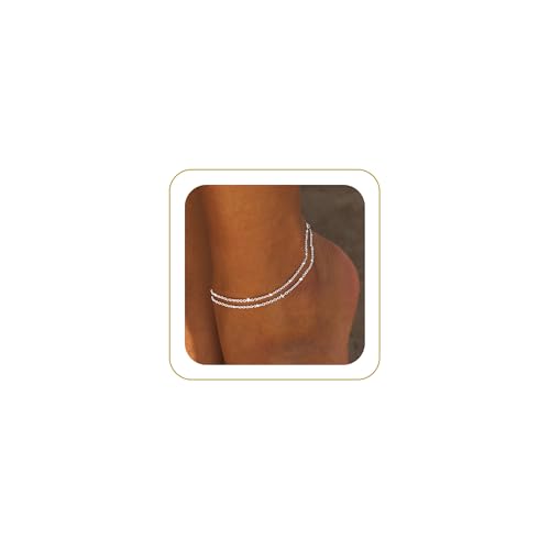 Robaice Ankle Bracelets for Women, 14K Gold Plated/Silver Layered Anklets | Waterproof Adjustable Anklet for Women, Summer Beach Anklet, Glitter Jewelry for Women Gifts - color: Silver-1