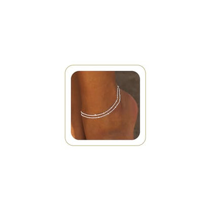 Robaice Ankle Bracelets for Women, 14K Gold Plated/Silver Layered Anklets | Waterproof Adjustable Anklet for Women, Summer Beach Anklet, Glitter Jewelry for Women Gifts - color: Silver-1