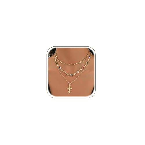 4PCS Layered Gold Cross Necklaces for Women Trendy, Bohemian Bead Pearl Y Long Pendant Necklace Set, Vintage Rosary Necklace Stack Adjustable Length - color: gold-cross