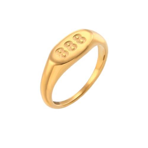 PAURO Women's Oval Angel Number Rings 111 222 333 444 555 666 777 888 999 | Stainless Steel Signet Style, Gold Plated Spiritual Statement Band, Numerology Jewelry Gift - color: Gold-888