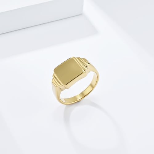 PAURO Unisex Square Shaped Signet Ring Geometric Style | Stainless Steel Square-shaped Signet Style for Men Women,Classical Simple Plain Wedding Engagement Statement Ring - color: Gold