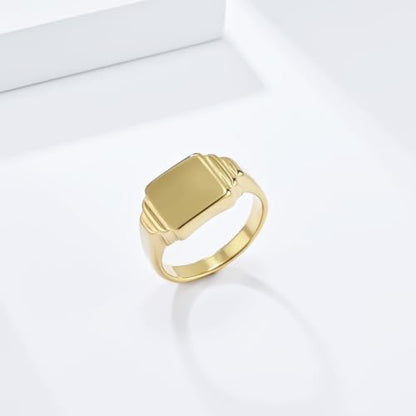 PAURO Unisex Square Shaped Signet Ring Geometric Style | Stainless Steel Square-shaped Signet Style for Men Women,Classical Simple Plain Wedding Engagement Statement Ring - color: Gold