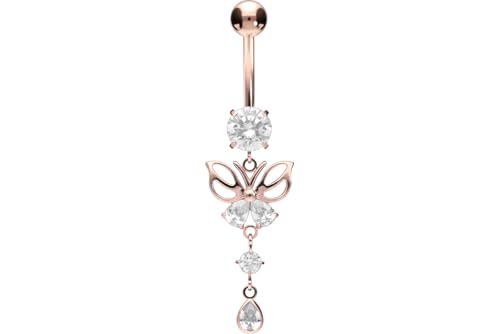 PIERCINGLINE titanium belly button piercing with internal thread, crystal butterfly - belly button ring gold, silver, rosegold piercing - color: Rosegold-colored