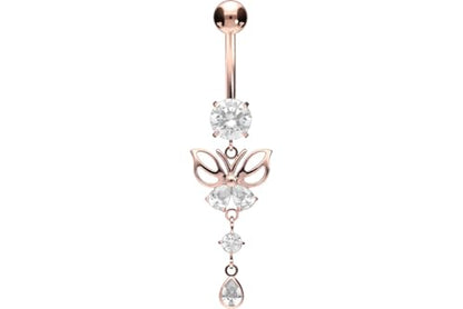 PIERCINGLINE titanium belly button piercing with internal thread, crystal butterfly - belly button ring gold, silver, rosegold piercing - color: Rosegold-colored