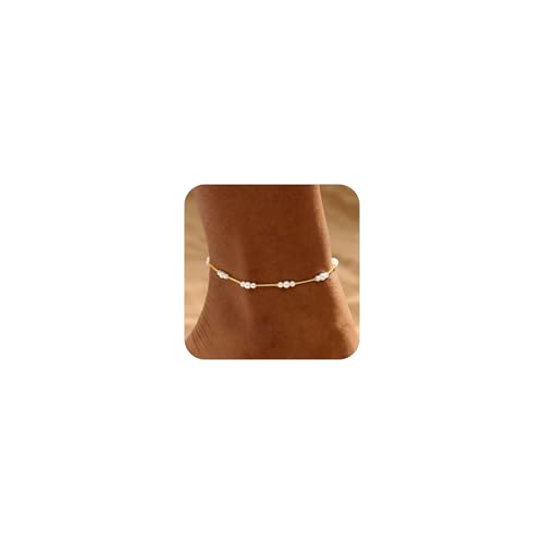 Warshion Ankle Bracelets for Women - 14K Gold Plated Waterproof Gold Anklet Delicate Chain Women's Anklets Summer Beach Pearl Jewelry Layering Gift Non Tarnish - style: ANKLETS-E