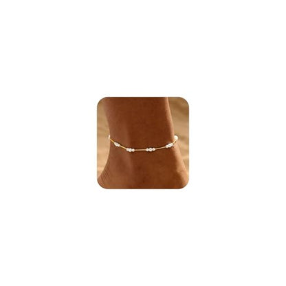 Warshion Ankle Bracelets for Women - 14K Gold Plated Waterproof Gold Anklet Delicate Chain Women's Anklets Summer Beach Pearl Jewelry Layering Gift Non Tarnish - style: ANKLETS-E