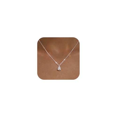 Gold Silver Necklace for Women, Dainty Cubic Zirconia Pendant | Teardrop CZ Charm, 14K Gold/Sterling Silver Plated, Adjustable Chain, Hypoallergenic & Waterproof Jewelry, Cute Trendy Gift - color: Silver-CZ teardrop/cable chain