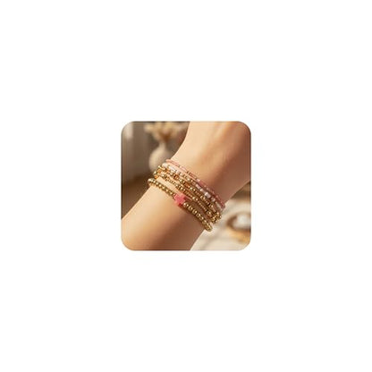 14K Gold Plated Beaded Bracelets Stack Set for Women,Stretch Boho Ball Jewelry Friendship Trendy - color: Pink cross