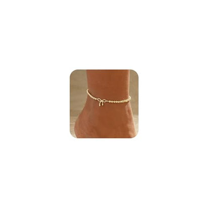 Gold Ankle Bracelets for women,14k Gold/Silver Plated Waterproof Layered lightweight Bow Beaded Twisted Chain Cross Butterfly Satellite Ankle Bracelets Set Gold Anklets for women Trendy Summer Beach Jewelry Gift for Women - style: anklets bow beaded-Gold