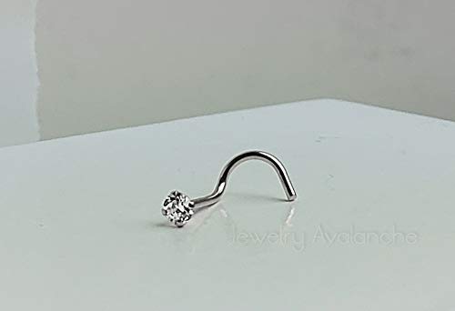 Jewelry Avalanche Solid 14Kt Gold Nose Screw, 24G Nose Hook, Nose Stud, 14kt Yellow Gold or 14kt White Gold Nose Ring Prong Set CZ Accent - style: 14kt white gold w/ 1.5mm cz