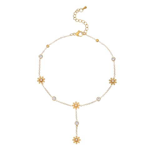 Gold Anklet for Women 18K Gold Plated Daisy Pearl CZ Foot Chain Star Flower Cross Ankle Bracelet Dainty Waterproof Beach foot jewelry for women sexy - color: Flower CZ-Gold