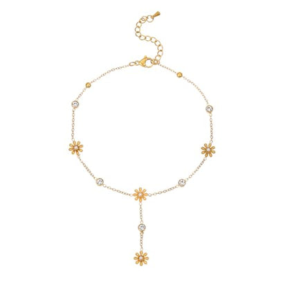 Gold Anklet for Women 18K Gold Plated Daisy Pearl CZ Foot Chain Star Flower Cross Ankle Bracelet Dainty Waterproof Beach foot jewelry for women sexy - color: Flower CZ-Gold