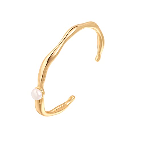 PERNNLA PEARL Dainty Gold Bar Bracelet for Women Simple Delicate Thin Cuff Bangle Hook Bracelet 18K Gold Plated Handmade Minimalist Jewelry - color: 7.Wave