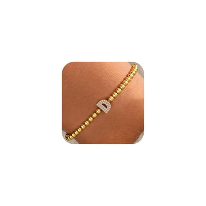 Zircon Initial Bracelet for Women - Never-Fade Personalized Jewelry, Dainty 14K Gold Plated Beaded Bracelets for Women Trendy Letter A-Z Personalized Jewelry Gifts - color: D
