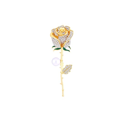Anmpab Sparkling Rose Flower Brooch with Rhinestone Luxury Crystal Floral Pearl Pin for Women Wedding Bridal Jewelry for Blazer Dress Scarf Hat - color: Gold