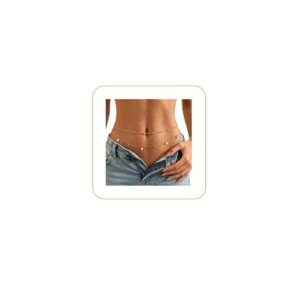A Miaow Plated Gold Layered Belly Chain 14K Waist Chain Extender Waist Beads Water-Resistant Body Chain Belt for Women Summer Beach Bikini Music Festival Jewelry Accessories - color: Sequins 2