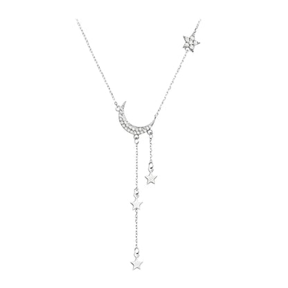 Moon Y Necklace Silver with Star Pendant, Rhinestone Long Link Chain Jewelry, Adjustable Moon Choker Crescent Pendant Collarbone Necklaces, Celestial Statement Jewelry Gifts for Women - style: Modern