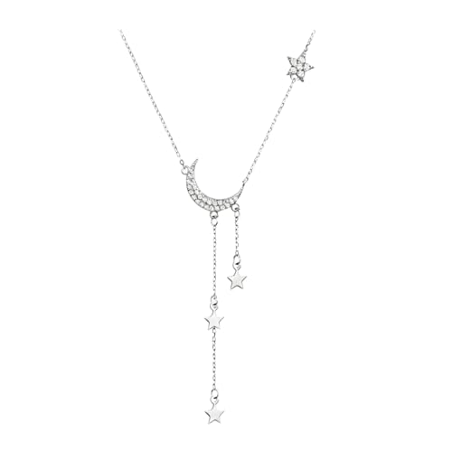 Moon Y Necklace Silver with Star Pendant, Rhinestone Long Link Chain Jewelry, Adjustable Moon Choker Crescent Pendant Collarbone Necklaces, Celestial Statement Jewelry Gifts for Women - style: Modern