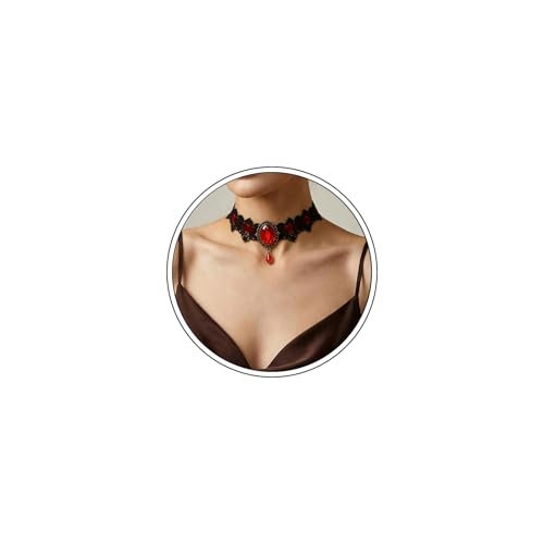 Black Necklaces for Women,Adjustable Layered Collar,Goth Jewelry - color: Red Gem